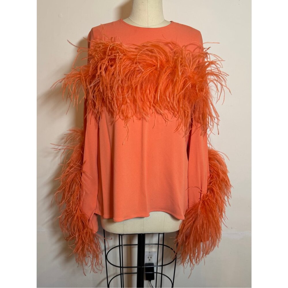 LAPOINTE Apricot Coral Pebbled Crepe Blouse w Ostrich Feathers Sz S